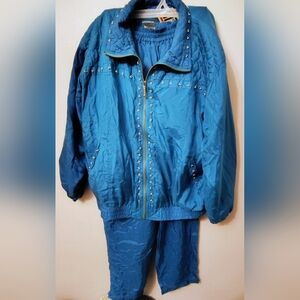 Vintage EVR Women's Size XL 80s 90s Silk Tracksuit Set Blue Jacket&Pants